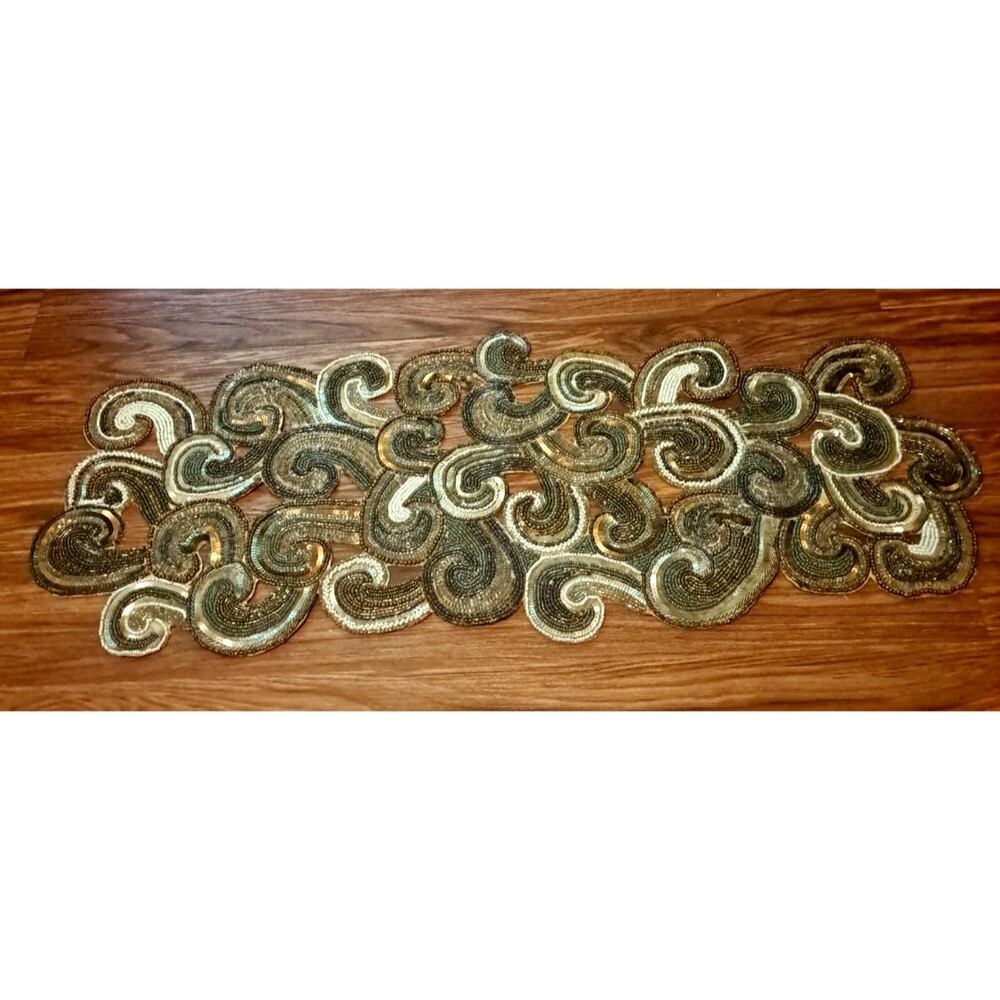 Gold Silver Table Runner Pier 1 Beaded Sequins Swirl Elegant Whimsical 13x34